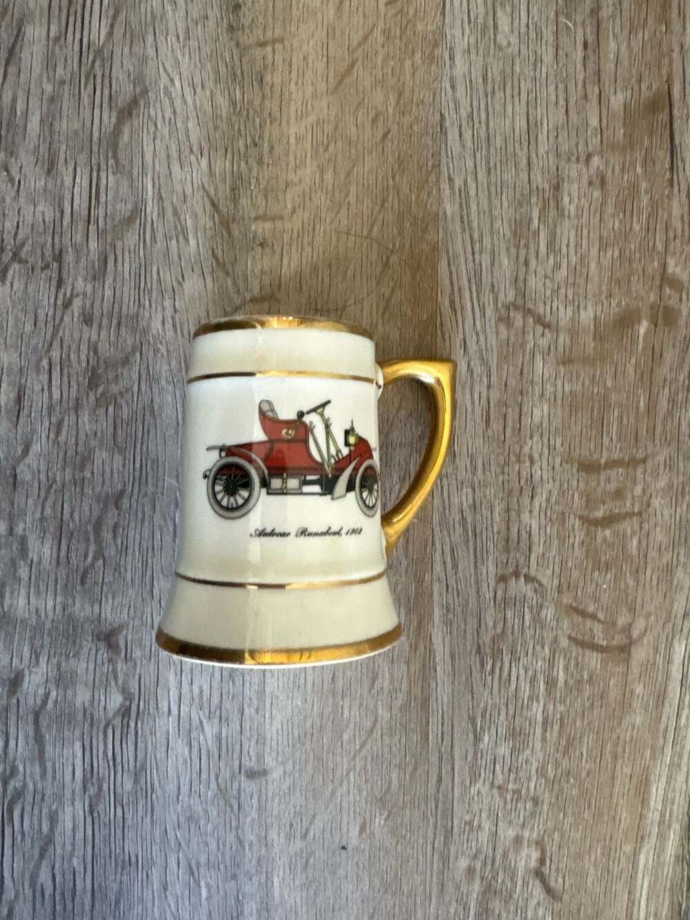 Vintage Porcelain Miniature Tankard Stein with 1903 Autocar Runabout Graphic